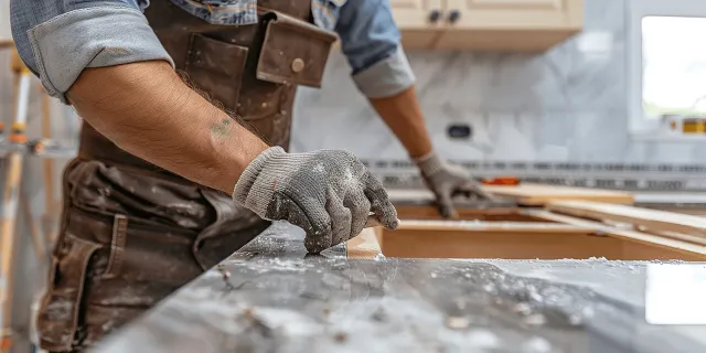 Installer's gloved hands on a dark gray veined countertop during installation