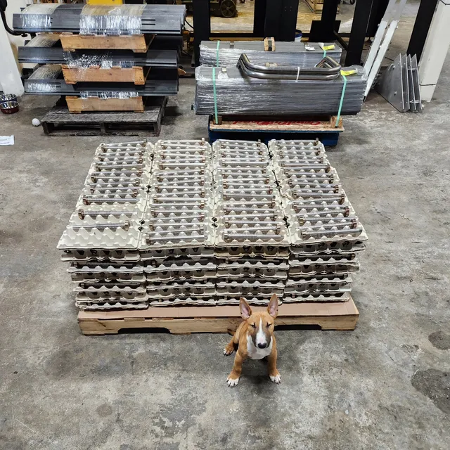 There are exactly 1000, 3/4" (counting over lap) long welds on this pallet. @bennie_the_bull_terrier is ready for a break after watching the rotary welder do all them circles! #tigwelding #gtaw #stainless #sanitary #optimum #minibullterrier #minibull