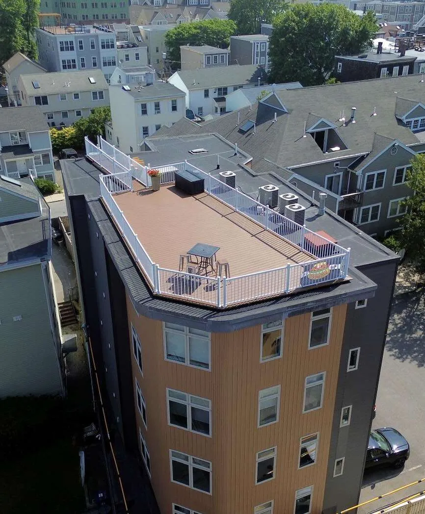 Roof access commercial deck installation attic entry with outdoor furniture in worcester ma
