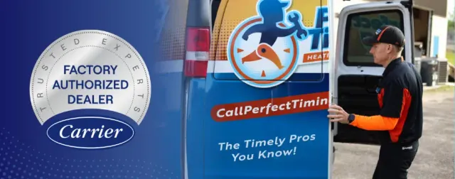Perfect Timing Heating & Cooling technician beside a branded service van with Carrier Factory Authorized Dealer badge.