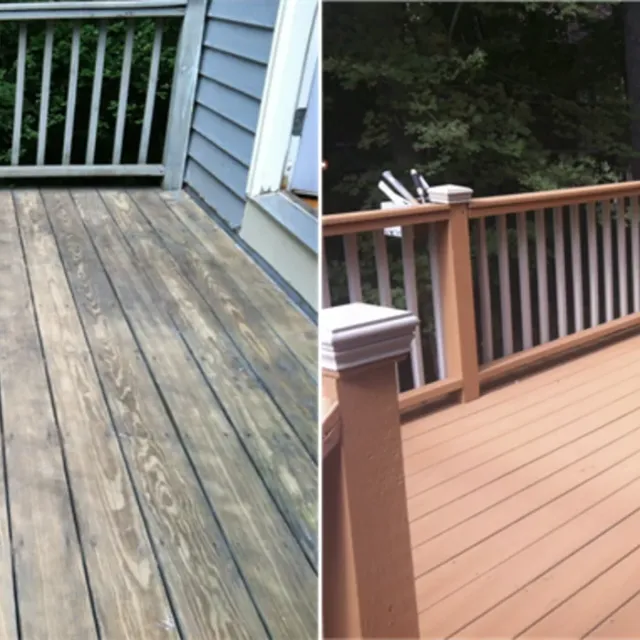 Before and after: stripped and refinished deck with stained rails