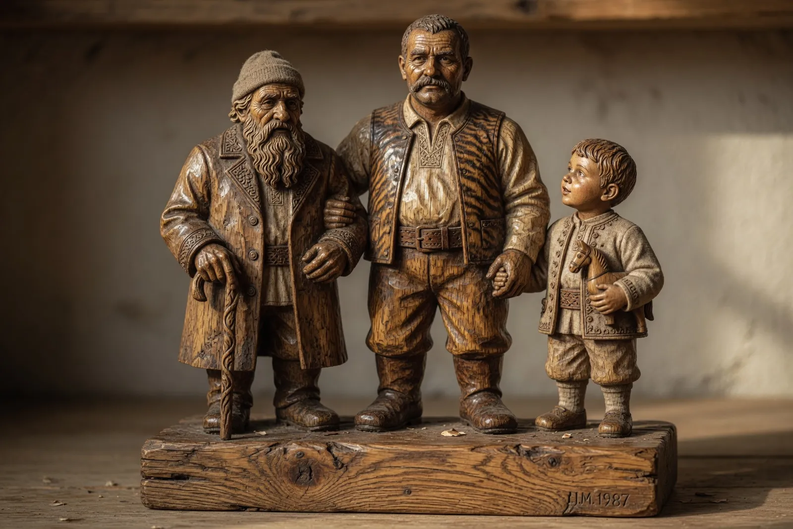 Carved wooden figures representing three generations of a family