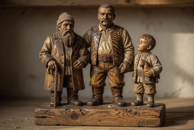 Carved wooden figures representing three generations of a family