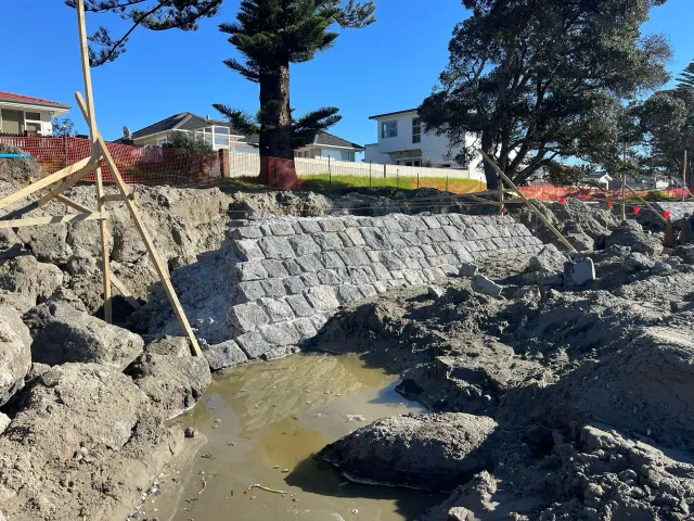 A newly constructed stone retaining wall on a muddy shoreline, houses in the background.