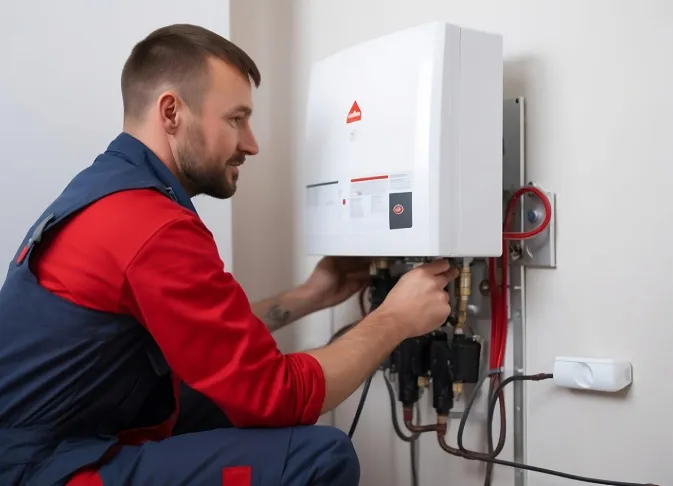 A technician in a red and blue uniform installs or repairs a wall-mounted water heater connected to pipes and an electrical outlet.