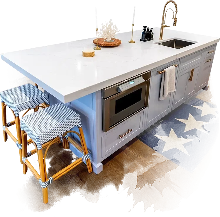 Close-up of professional white quartz countertop fabrication and undermount sink installation in Peabody, MA by Costa's Stone.