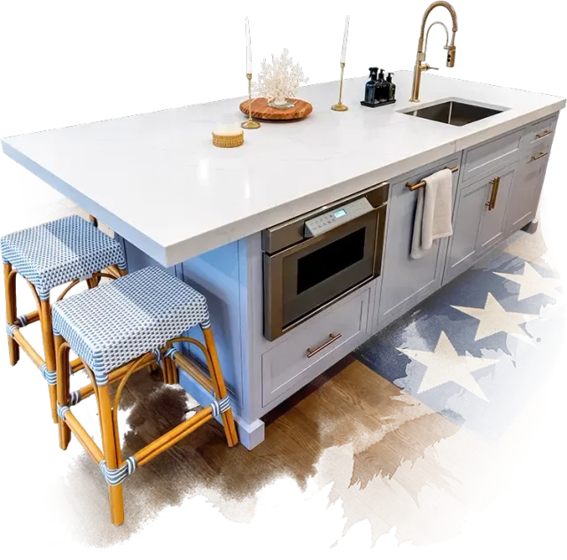 Close-up of professional white quartz countertop fabrication and undermount sink installation in Peabody, MA by Costa's Stone.