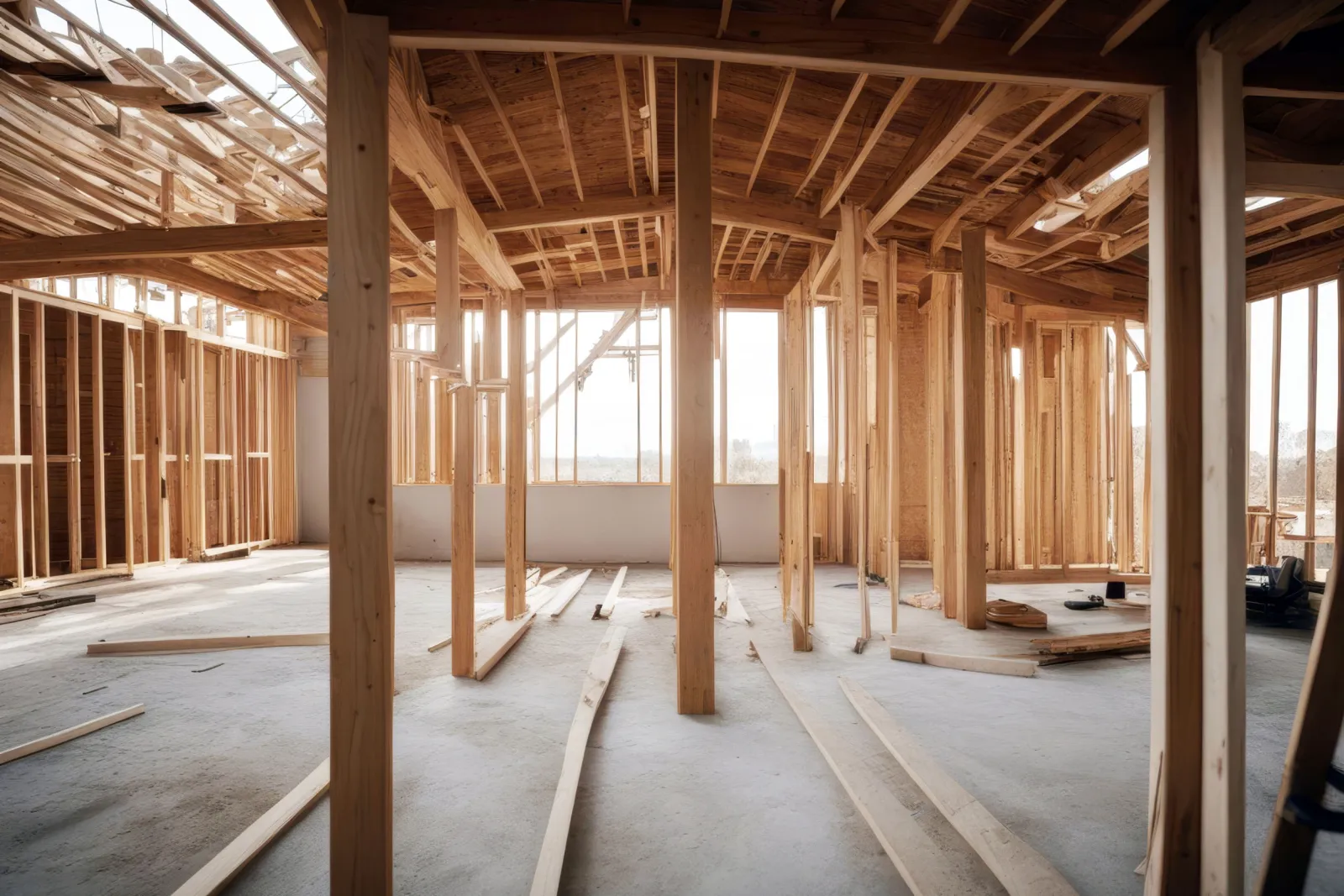 Wooden framing of a house under construction with exposed beams and unfinished walls.