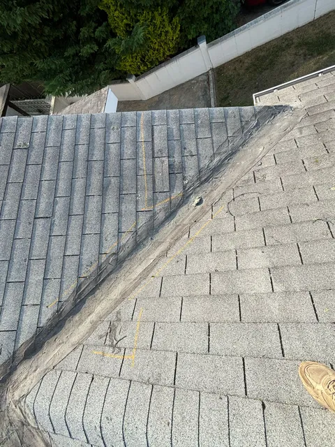 Storm-damaged roof — before remediation