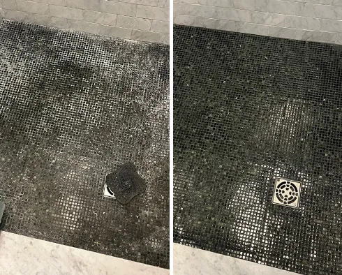 Shower Floor Before and After Our Chestnut Hill Tile and Grout Cleaners Work