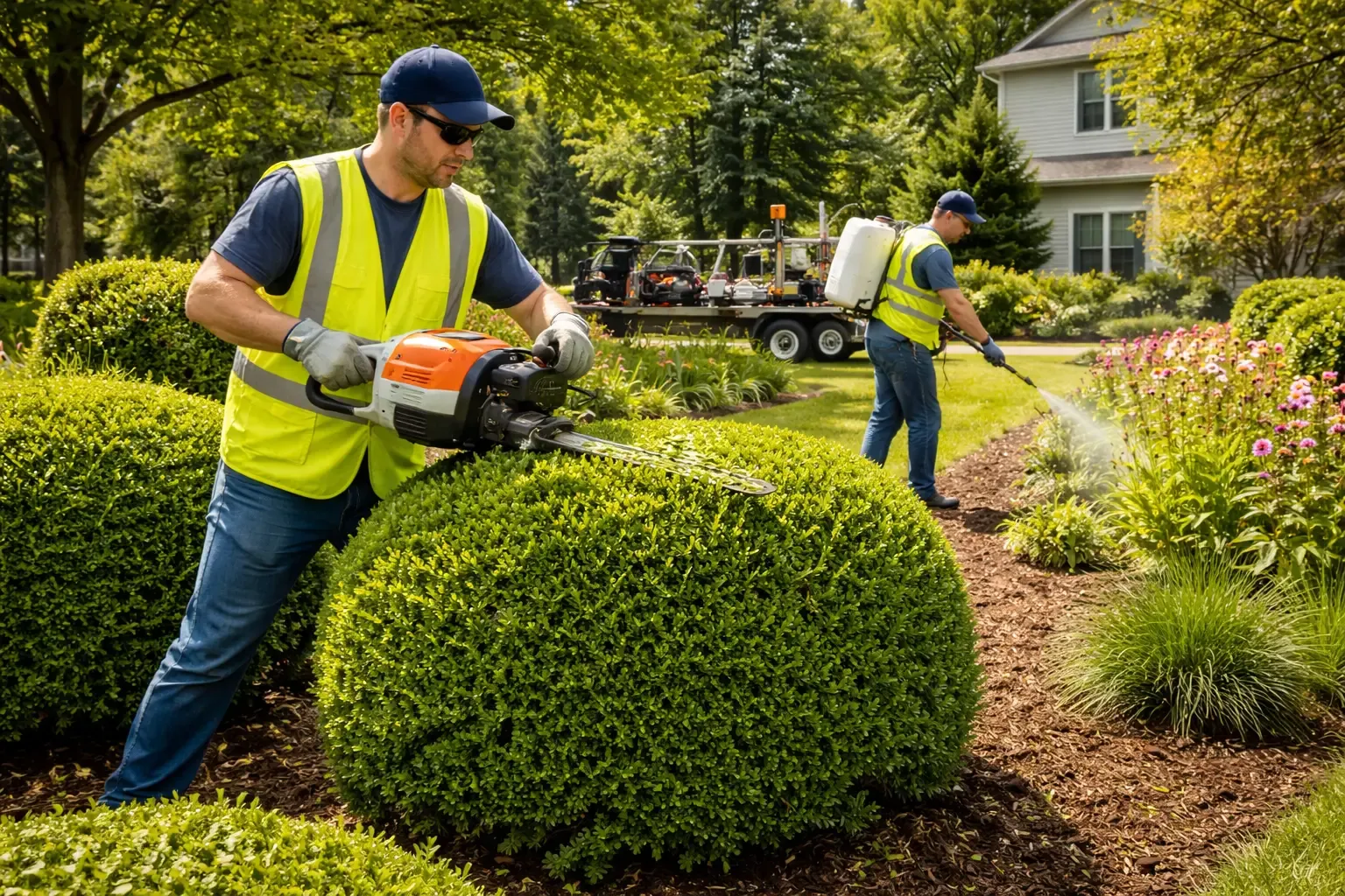 Two workers trimming hedges and spraying plants in a landscaped residential garden with greenery and pathway