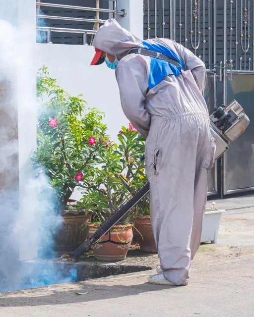 Pest control professional in protective suit spraying treatment near flowering plants in residential yard