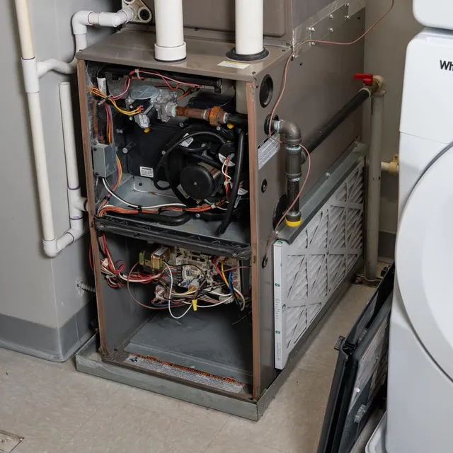 Open boiler cabinet showing the internal piping and controls during a service call