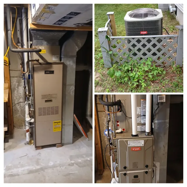 Collage of HVAC components: furnace in basement, AC unit outside, and a different furnace. All are Bryant brand.