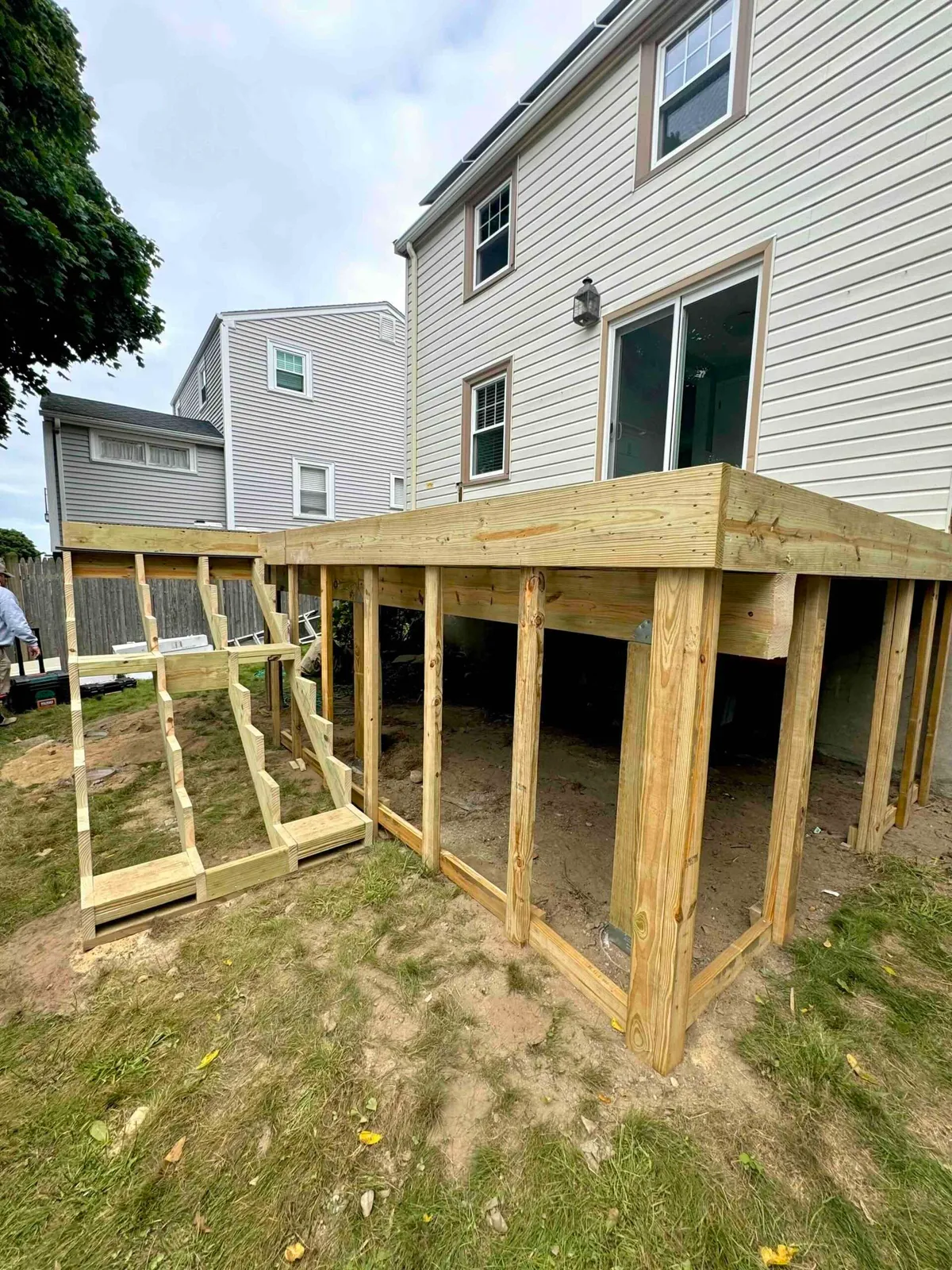 Close up view of the wood framing or repair in worcester ma