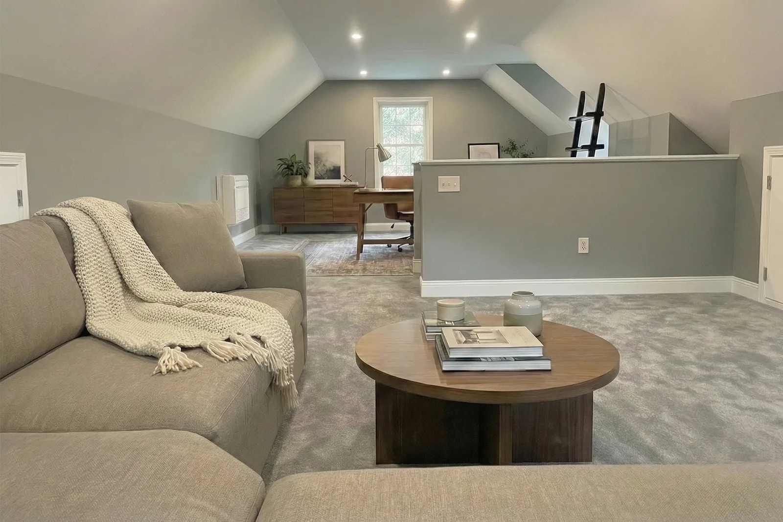 Morse attic remodel in Southern New Hampshire — unfinished attic converted to a home office and lounge by Oak Hill Design & Build