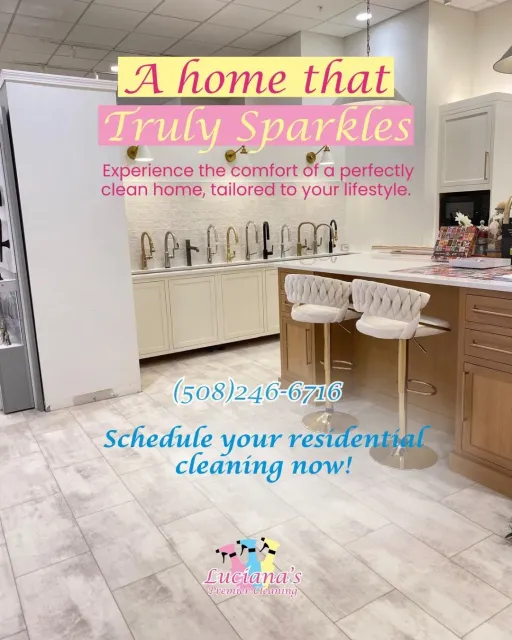 Bright kitchen cleaning ad with pink text and a blue “Schedule your residential cleaning now!” callout.