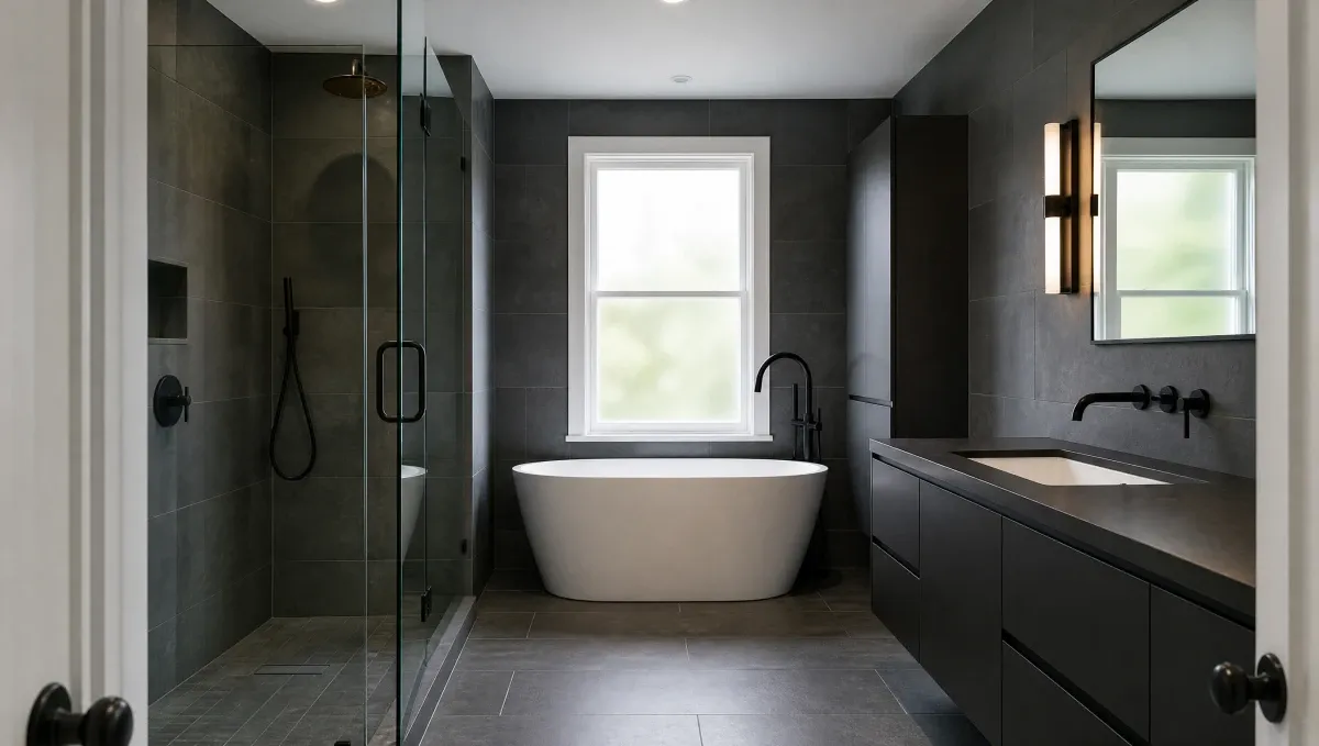 Complete bathroom renovation, dark tile and brass