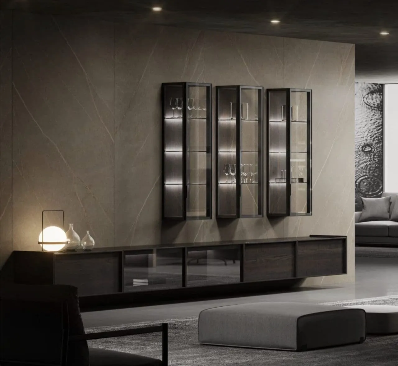 Dark DOCA living room with illuminated display cabinetry and low storage