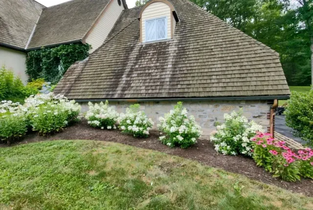 Lawn with white blooming shrubs, a brick-like wall, and a gray roof with an arched window.
