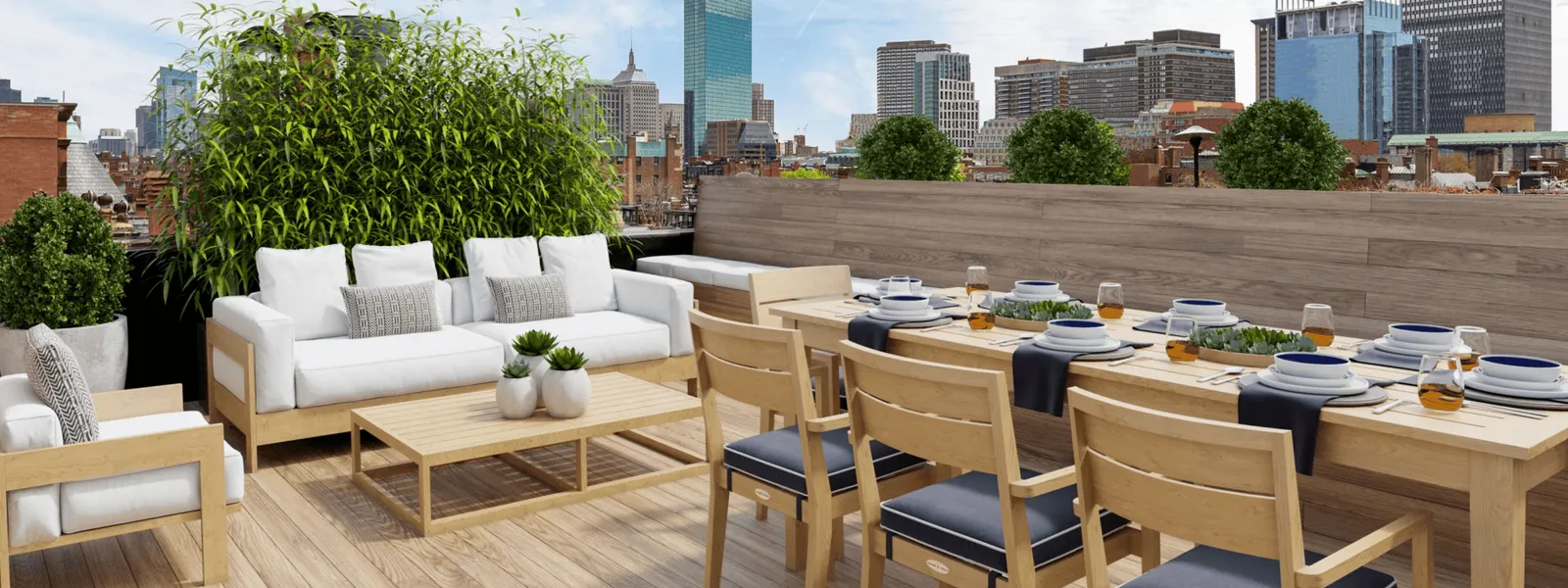 balcony with city view and table set for a party.