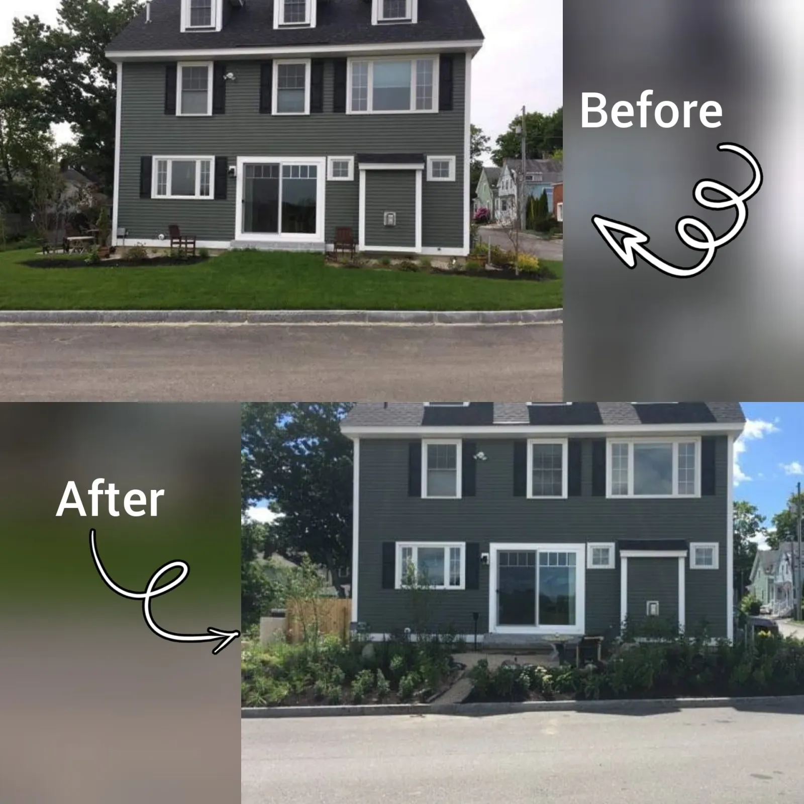 Location: Portsmouth NH  House had an existing foundation planting very tight to the house, the rest of the property was lawn on a very severe slope.  Clients asked for a place to entertain, a nook to enjoy quiet moments and coffee, a small area for