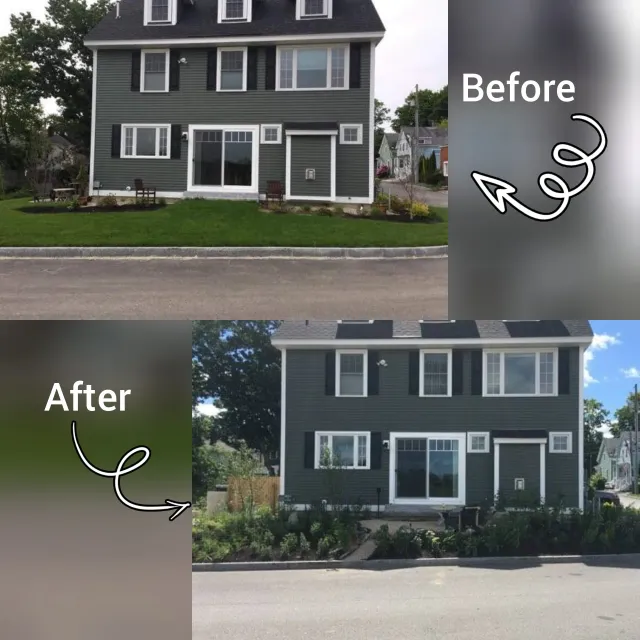 Location: Portsmouth NH  House had an existing foundation planting very tight to the house, the rest of the property was lawn on a very severe slope.  Clients asked for a place to entertain, a nook to enjoy quiet moments and coffee, a small area for