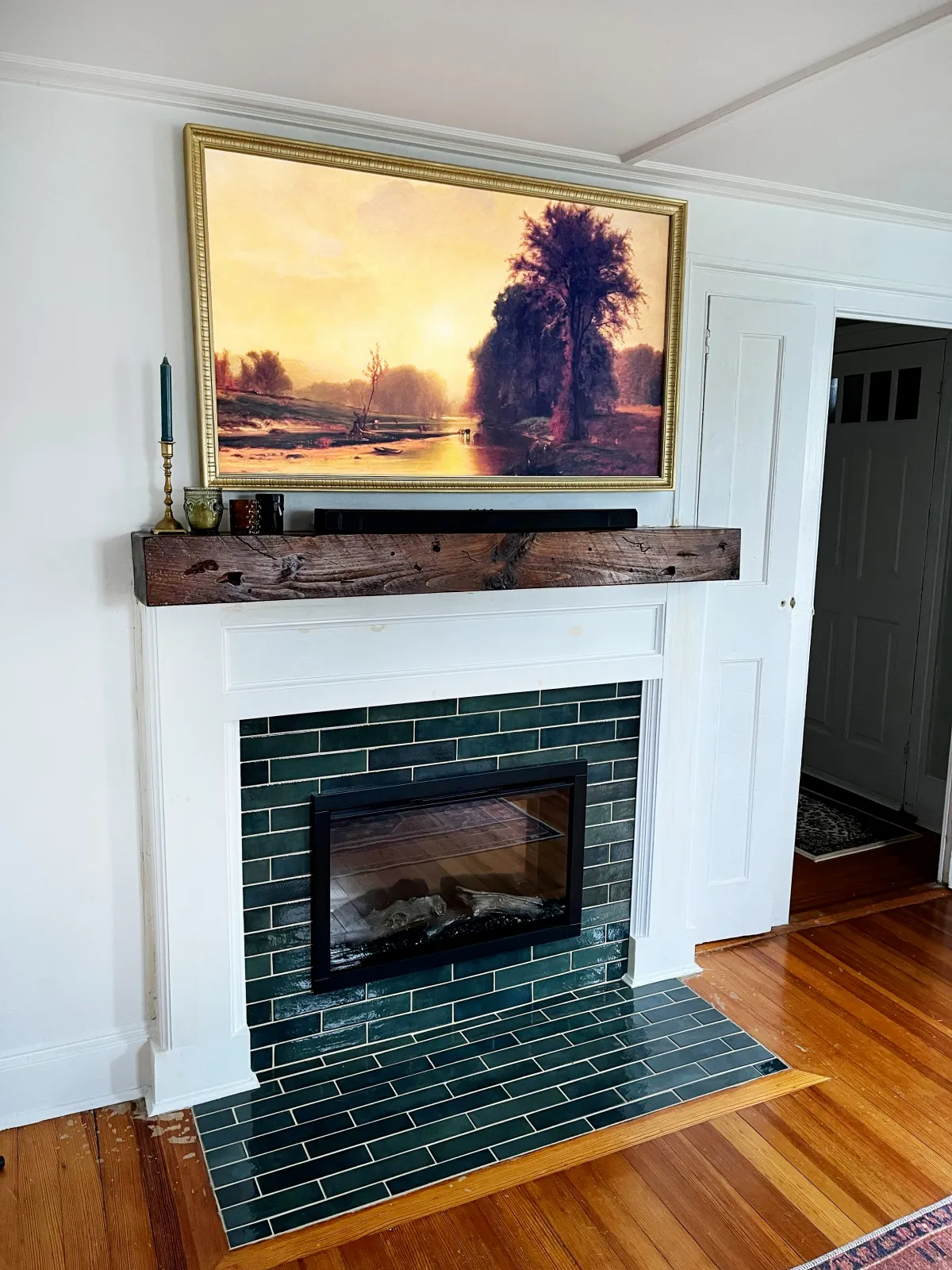 Samsung Frame TV installed above fireplace in South Shore Massachusetts living room