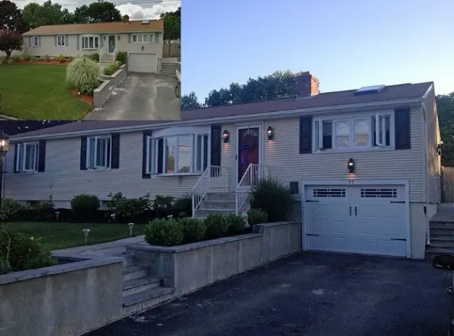 House exterior with before and after views; beige siding, new garage door, landscaped yard and driveway.