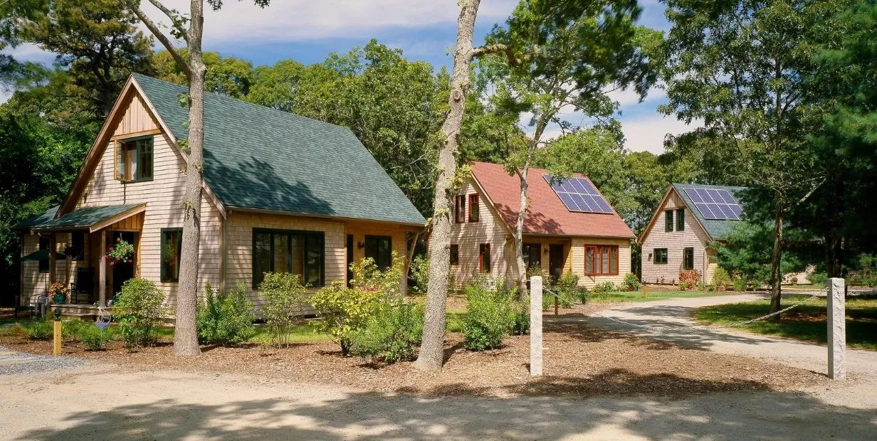 10 houses, completed in 2008, in partnership with Island Housing Trust. A year-round Edgartown neighborhood. Rooftop solar arrays combine with high-performance envelopes.