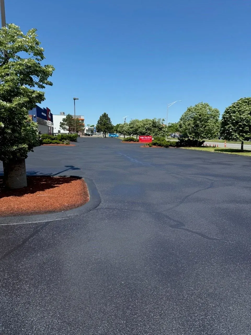 Empty paved parking lot under a clear blue sky, with trees and red planters along the edges.
