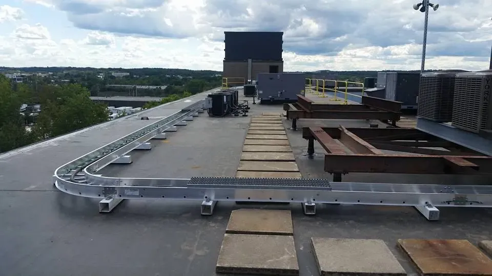 The roof of a building with a staircase leading up to it.