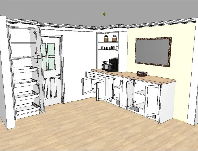 A computer-generated image of a kitchen with white cabinets