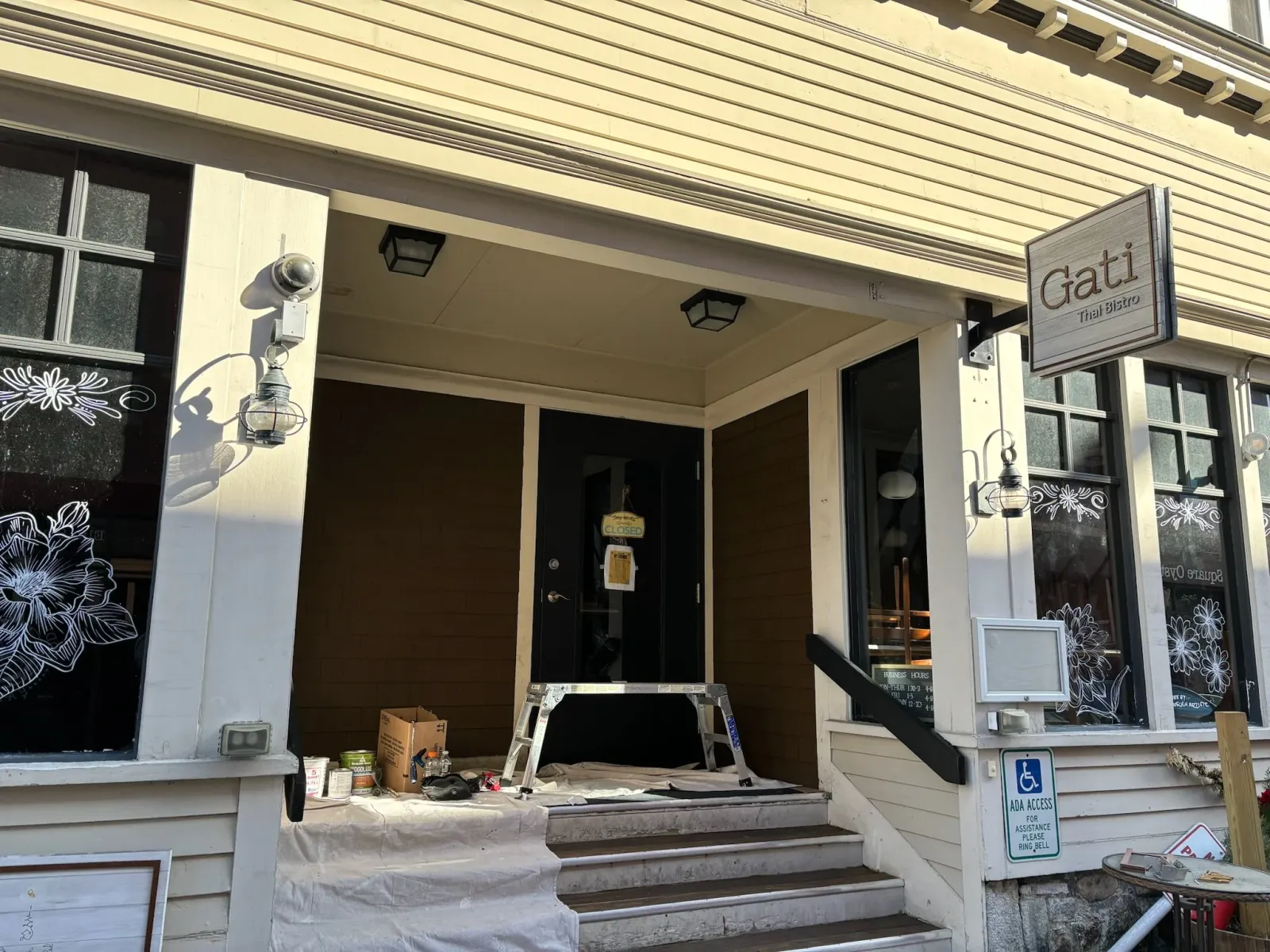 Exterior of Gati Thai Bistro with closed sign and accessible entrance ramp