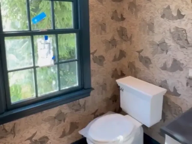 Detailed corner view of the powder room wallpaper installation featuring a delicate fish design above a white cabinet.