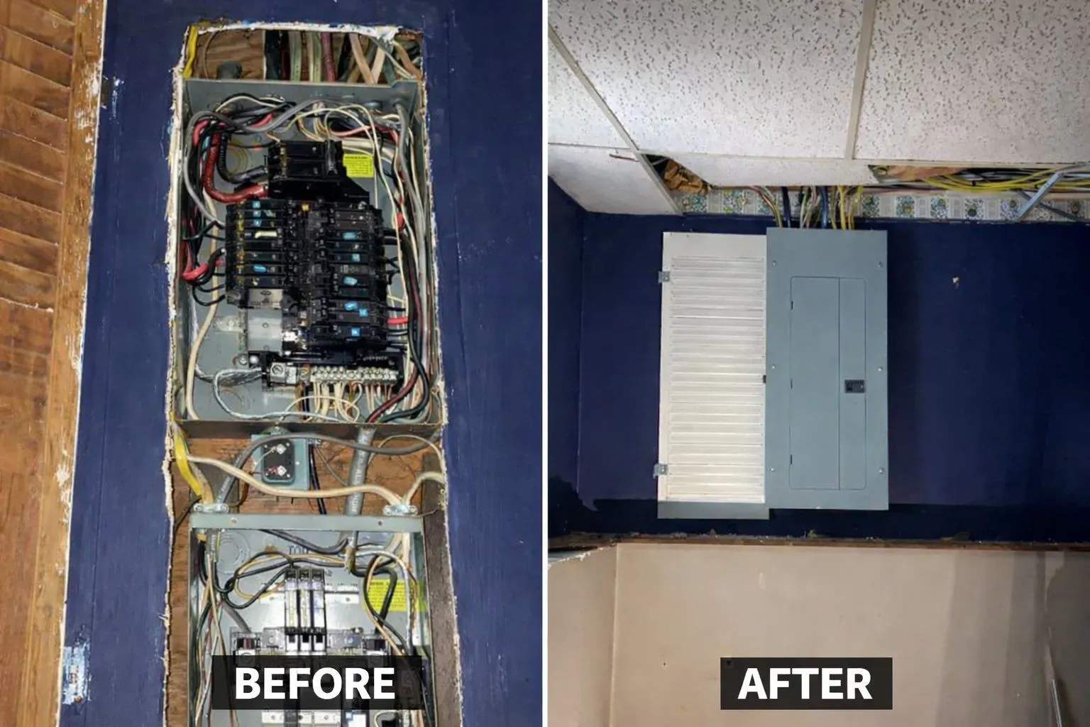 Before-and-after of an electrical panel box installation in a blue-walled room.