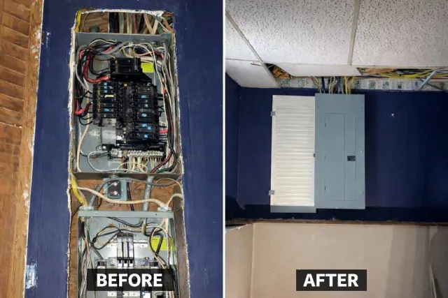 Before-and-after of an electrical panel box installation in a blue-walled room.