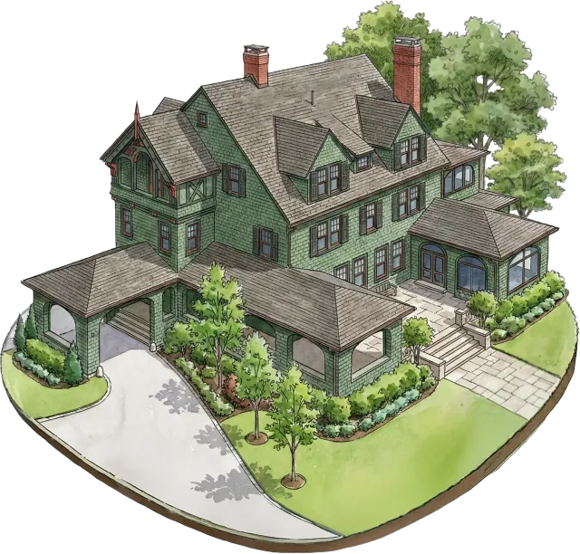 Illustration of a large, green, multi-story house with gabled roofs, chimneys, and a wraparound porch—beautifully designed by Cedar Hill Construction Managers—with a driveway and landscaped yard featuring trees and shrubs.