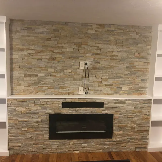 Linear mosaic tile fireplace wall