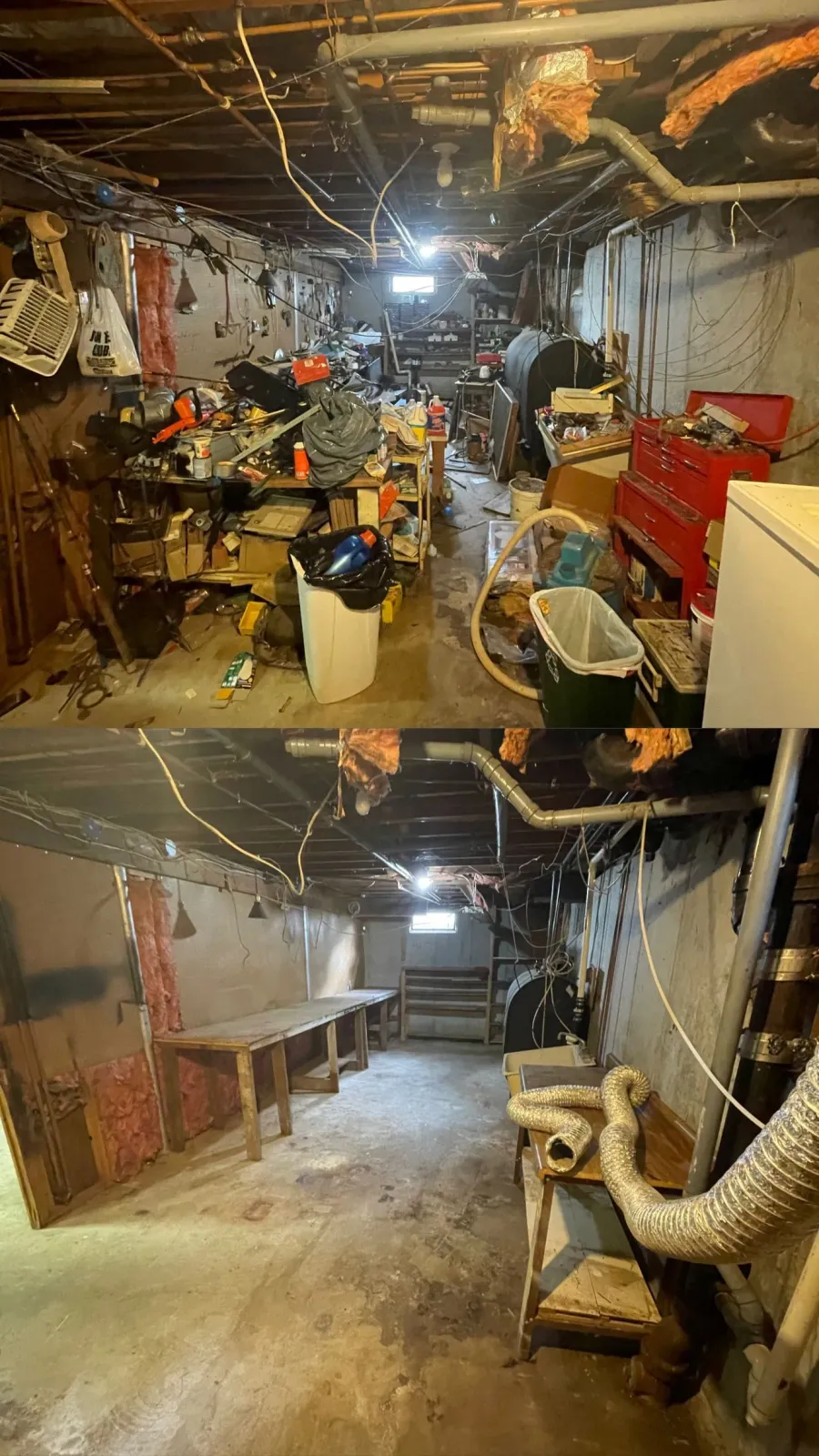 Before and after photos of a cluttered basement. Top photo shows the messy space, the bottom is cleaned.