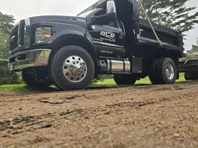 Black dump truck on a dirt road, viewed from a low angle with trees in the background