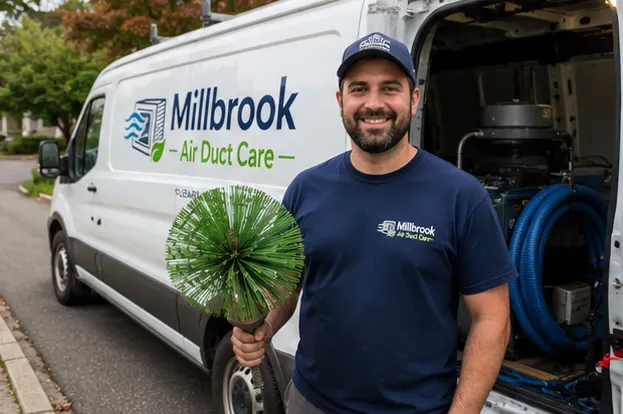 Millbrook Air Duct Care technician with duct cleaning equipment beside the service van