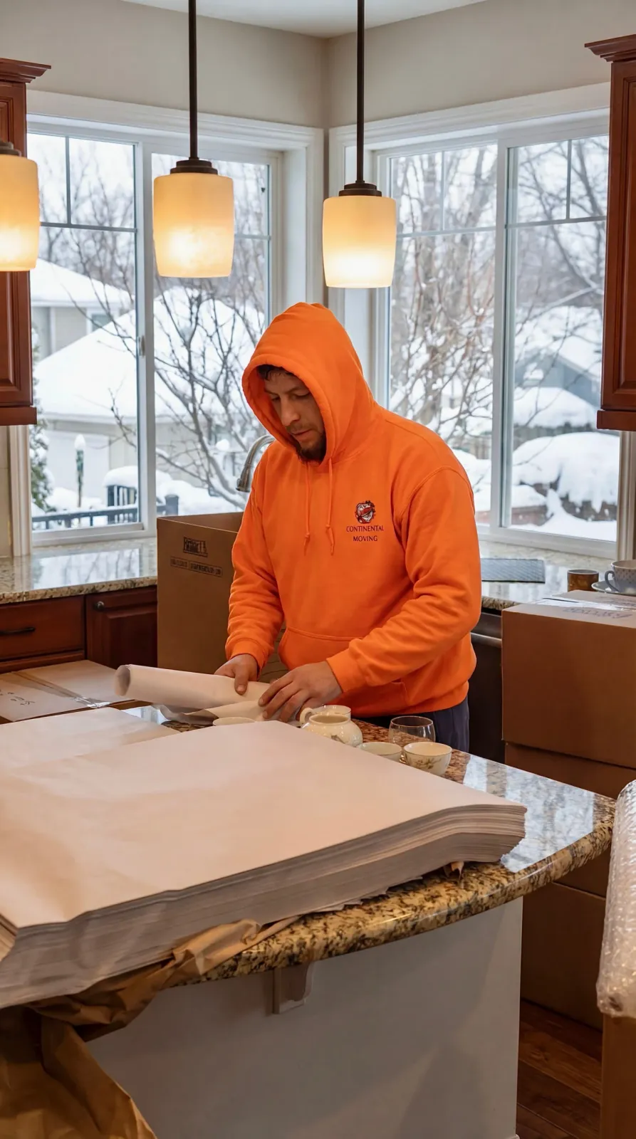 Mover wrapping dishes in kitchen