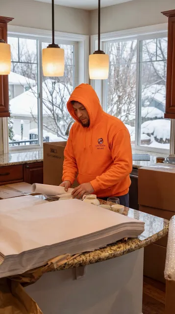 Mover wrapping dishes in kitchen