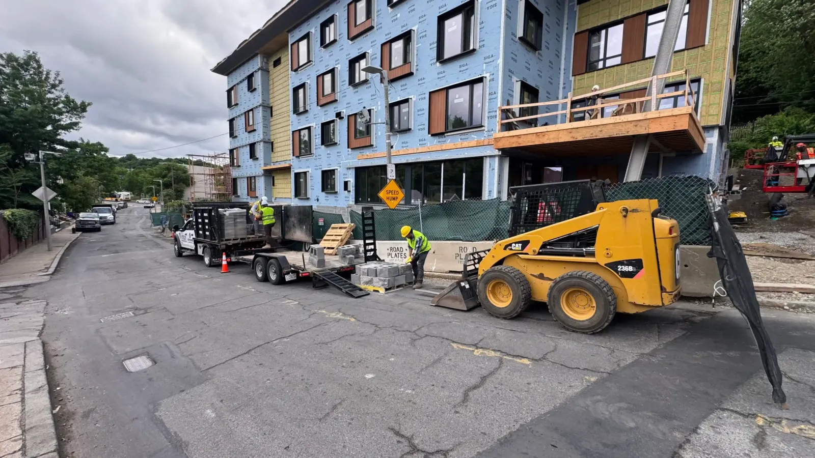Commercial masonry construction at a multi-story building