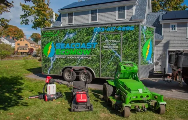 Seacoast EcoMow electric lawn care equipment and trailer serving the New Hampshire Seacoast