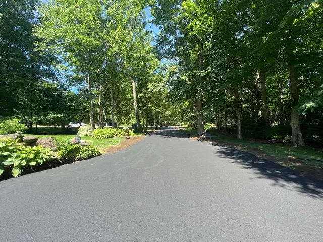 Residential street with trees and greenery