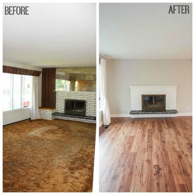 Before and after living room flooring restoration with new wood-look floors