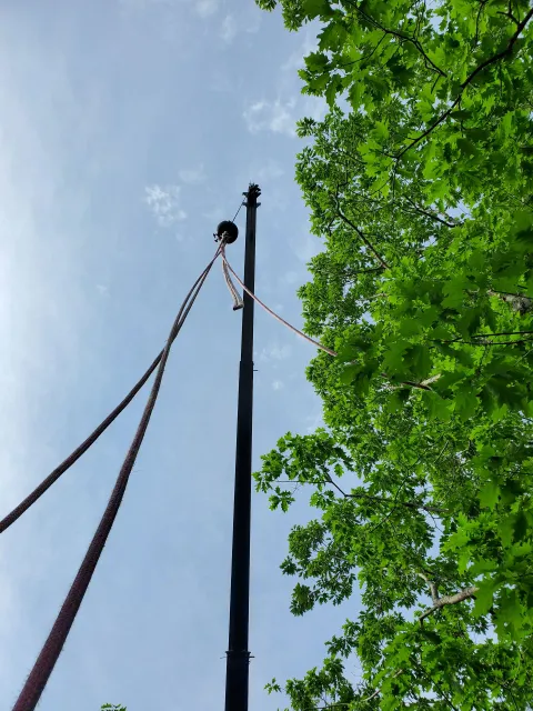 A rope is hanging from a pole with trees in the background
