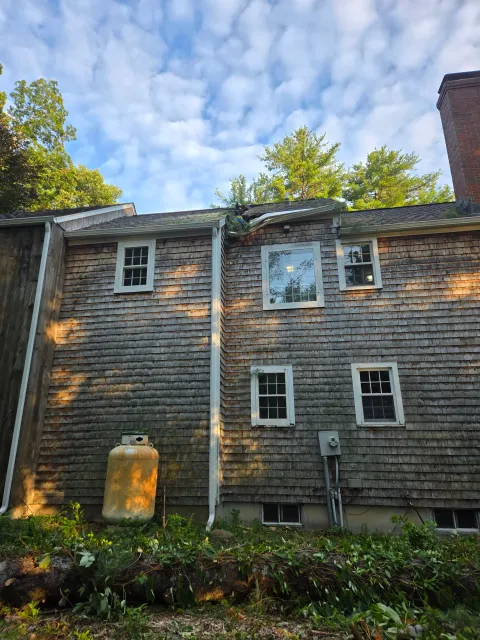 Back of a house with damaged roof, four windows, a propane tank, and electrical meters, with trees and sky in the background.